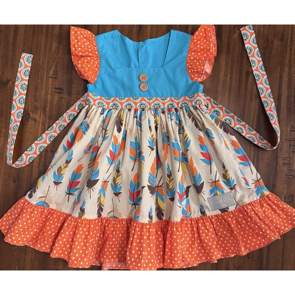 Eleanor Rose Thanksgiving Parade Dress Size 3-4 Toddler Feather Turquoise Orange - Picture 1 of 5